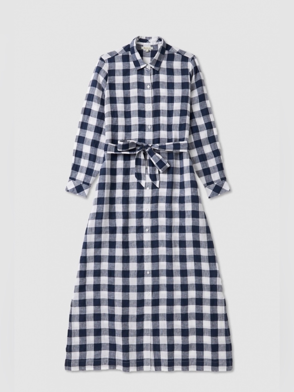 Barbour Blue White Checkered Collared Button Up Maxi Dress Tie Waist Women’s 10